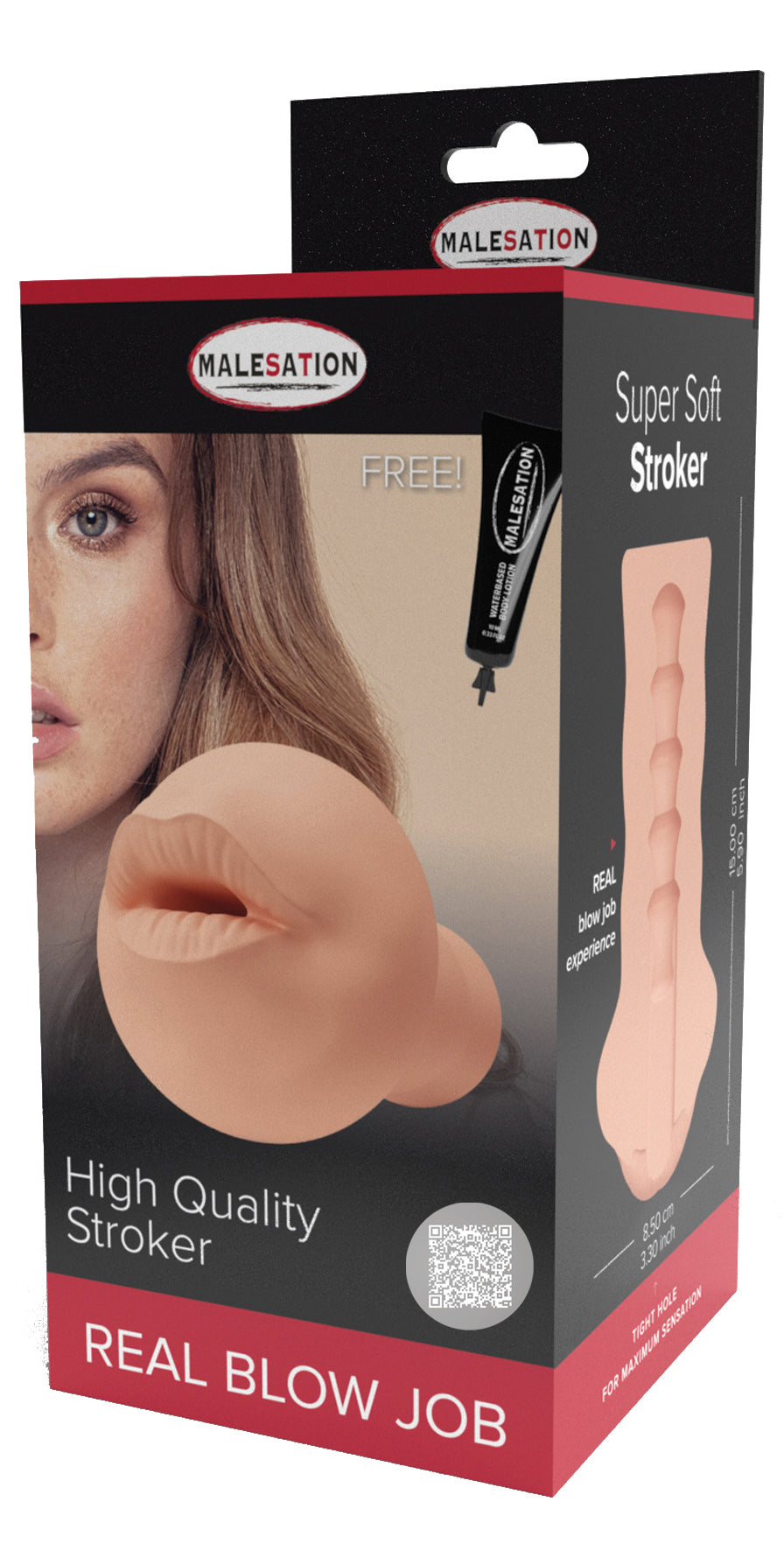 MALESATION Real Blow Job Stroker – schwarz-rote Originalverpackung des oralen Masturbators mit Produktabbildung und Modelmotiv auf der Vorderseite – erhältlich bei Evoria Care