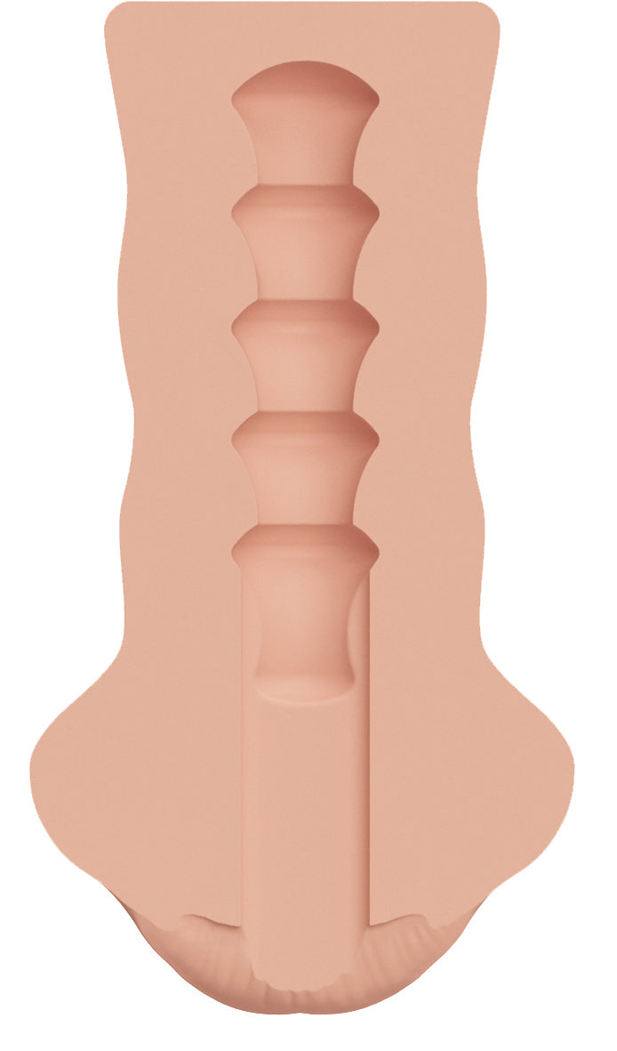 MALESATION Real Blow Job Stroker – längliche Schnittdarstellung des hautfarbenen Masturbators mit sichtbarem strukturiertem Innenkanal und mehreren Stimulationsnoppen – erhältlich bei Evoria Care