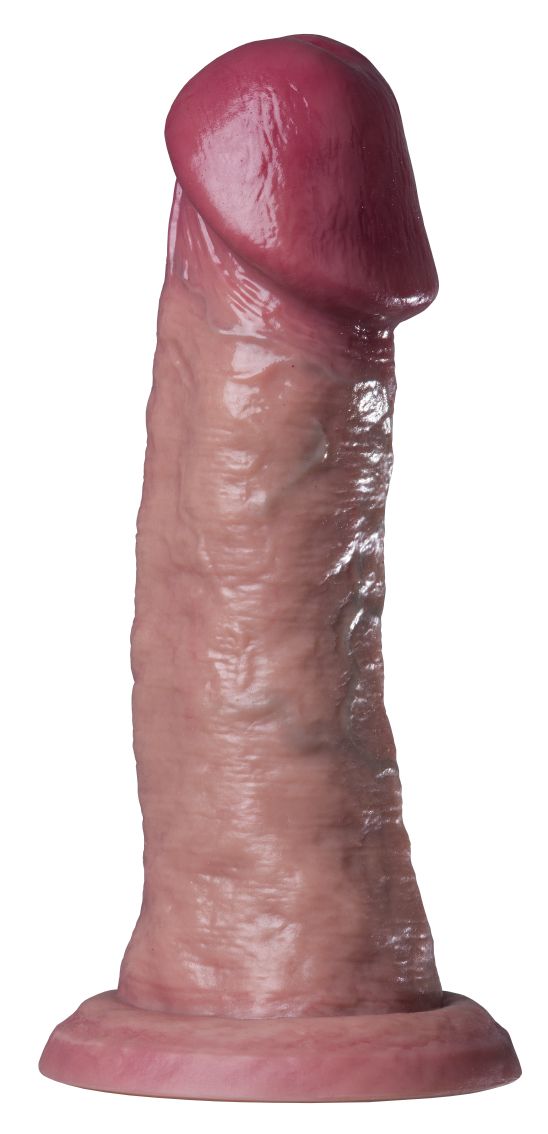 MALESATION Real Dildo – realistischer hautfarbener XXL-Silikondildo mit markanter dunkelroter Eichel, anatomisch strukturiertem Schaft, sichtbaren Aderkonturen und breiter runder Standbasis in schräger Produktansicht auf weißem Hintergrund – erhältlich bei Evoria Care