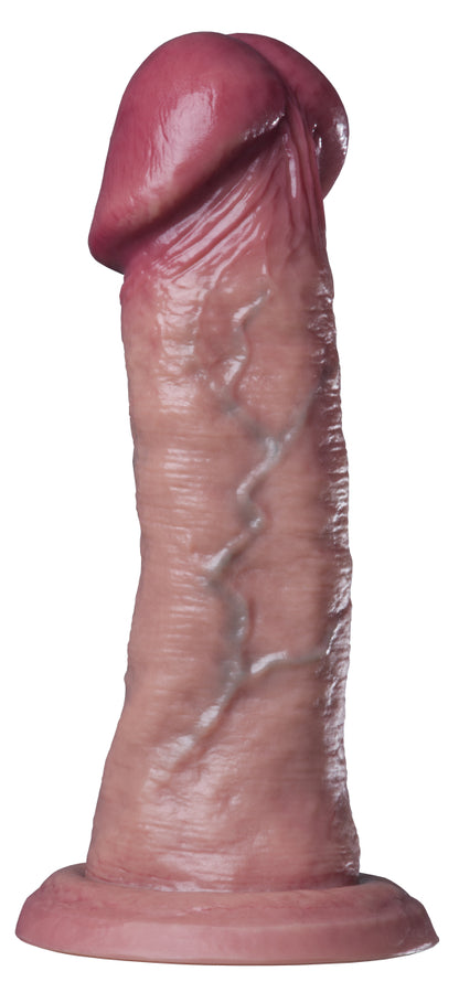 MALESATION Real Dildo – hautfarbener XXL-Silikondildo mit ausgeprägter dunkelroter Eichel, detaillierter Oberflächenstruktur, anatomischen Aderkonturen und verbreiterter Standbasis in aufrechter Vorderansicht – erhältlich bei Evoria Care