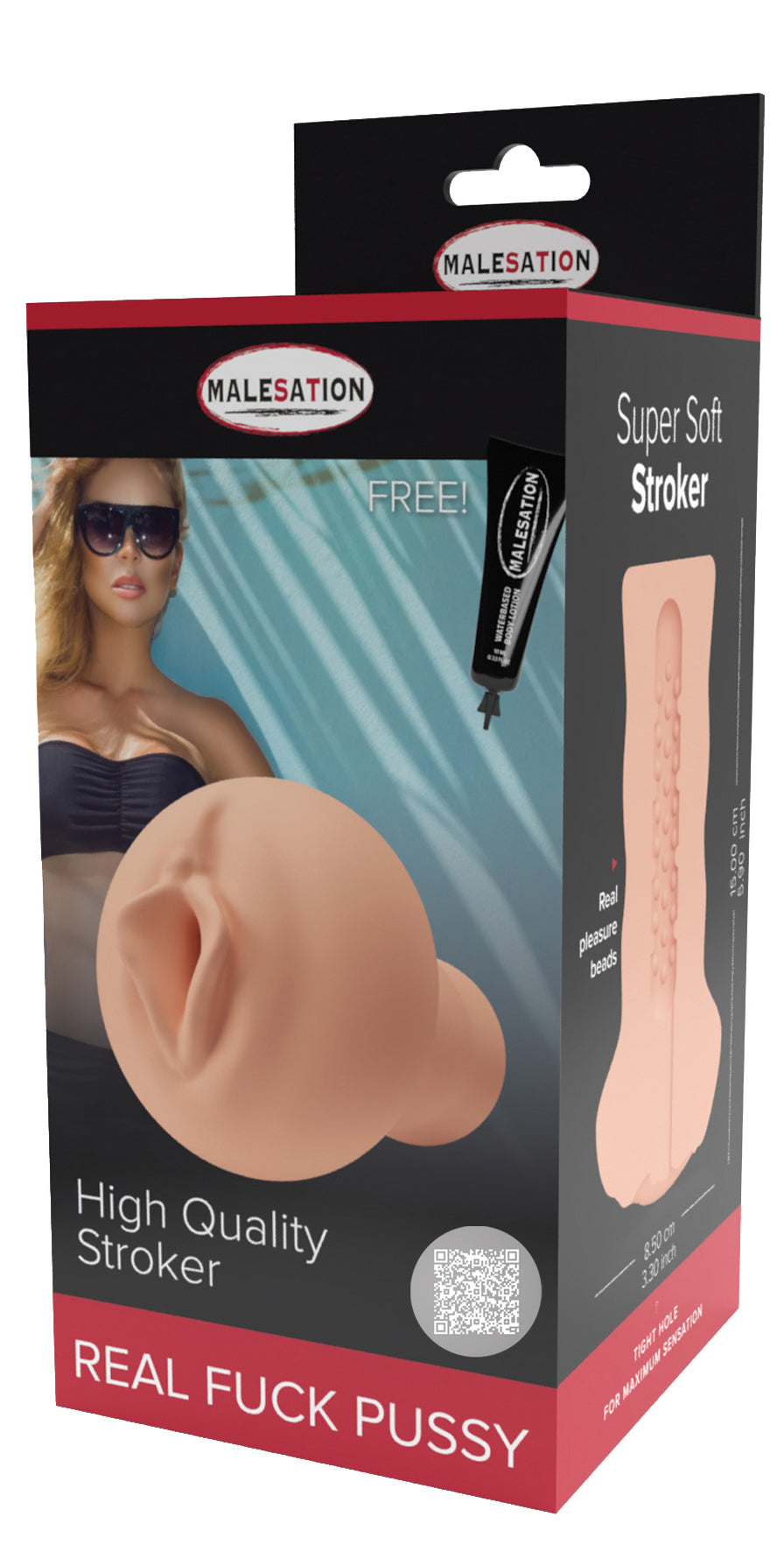 MALESATION Real Fuck Pussy Stroker – schwarz-rote Originalverpackung des Vaginal-Masturbators mit Produktabbildung und Markenbeschriftung auf der Vorderseite – erhältlich bei Evoria Care
