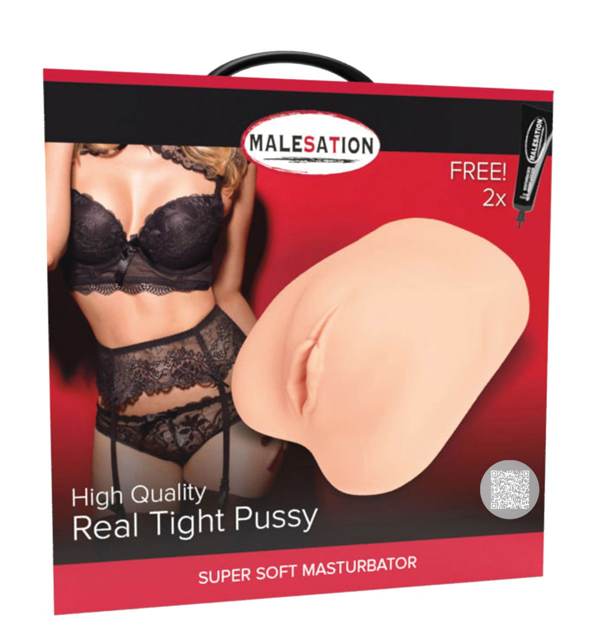 MALESATION Real Tight Pussy – schwarz-rote Originalverpackung des realistischen Masturbators mit Produktabbildung, Markenlogo und Modellbezeichnung Real Tight Pussy – erhältlich bei Evoria Care