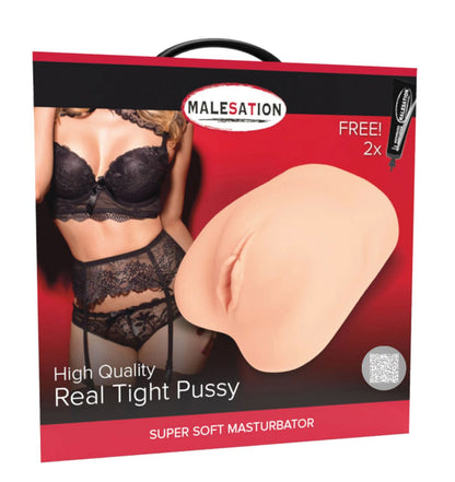 MALESATION Real Tight Pussy – schwarz-rote Originalverpackung des realistischen Masturbators mit Produktabbildung, Markenlogo und Modellbezeichnung Real Tight Pussy – erhältlich bei Evoria Care