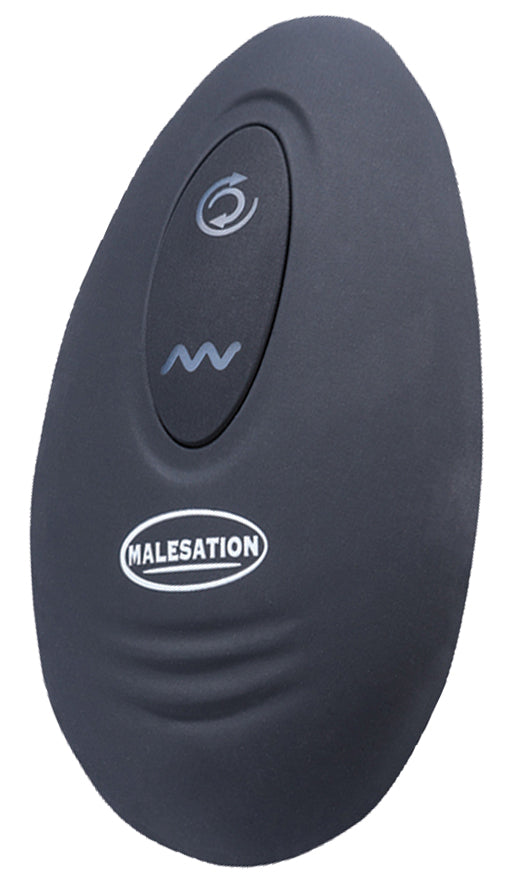 MALESATION Rimming Hero – schwarze ovale Funkfernbedienung mit mehreren Bedientasten zur Steuerung des Prostatamassagers und seiner Stimulationsfunktionen – erhältlich bei Evoria Care