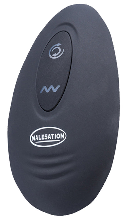 MALESATION Rimming Hero – schwarze ovale Funkfernbedienung mit mehreren Bedientasten zur Steuerung des Prostatamassagers und seiner Stimulationsfunktionen – erhältlich bei Evoria Care