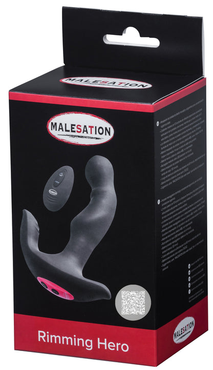 MALESATION Rimming Hero – schwarz-rote Originalverpackung des Prostatamassagers mit Produktabbildung, MALESATION Markenlogo und Modellbezeichnung Rimming Hero – erhältlich bei Evoria Care