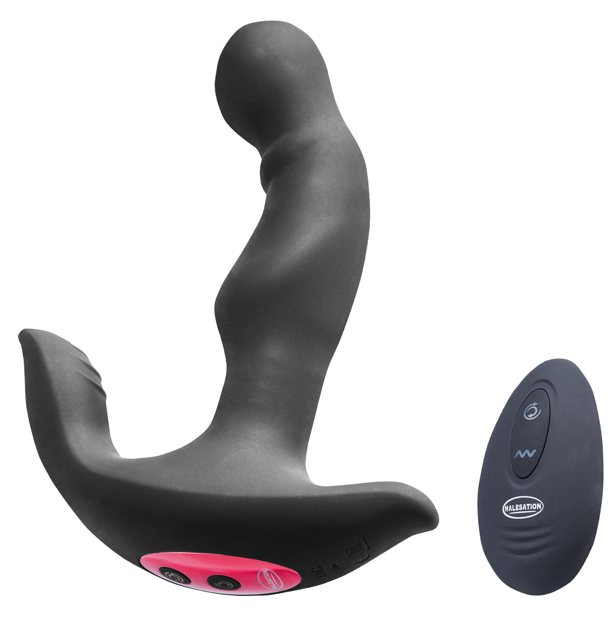 MALESATION Rimming Hero – schwarzer Prostatamassager mit ergonomisch gebogenem Schaft, abgerundeter Spitze und verbreiterter Basis mit rotem Stimulationselement in schräger Produktansicht – erhältlich bei Evoria Care