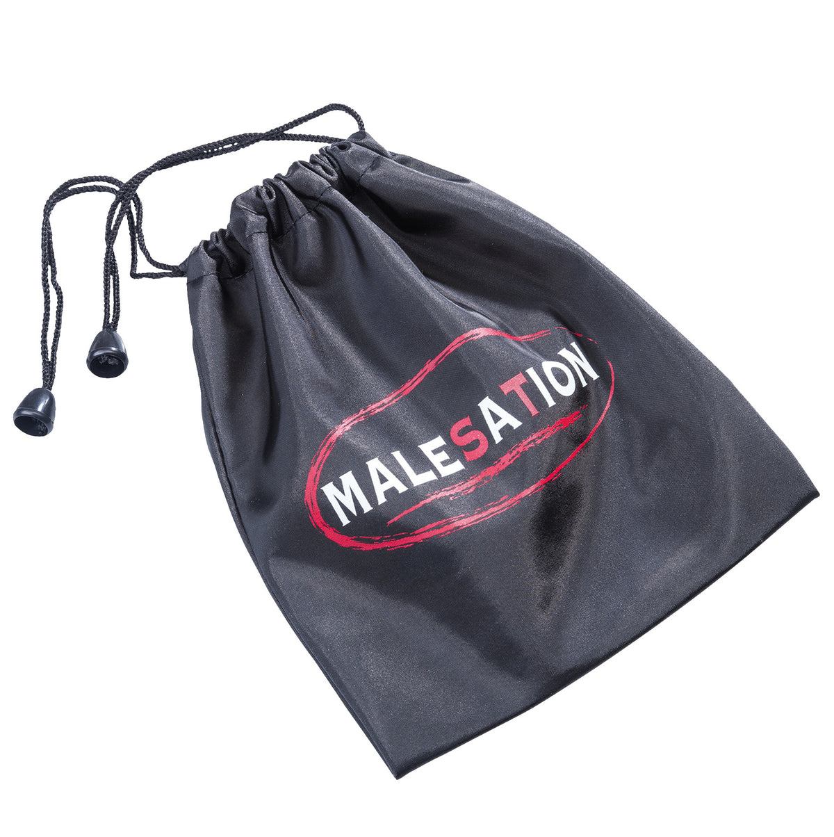 MALESATION Rimming Hero – schwarzer Aufbewahrungsbeutel mit MALESATION Markenlogo und beiliegendem Zubehör des Prostatamassagers auf weißem Hintergrund – erhältlich bei Evoria Care