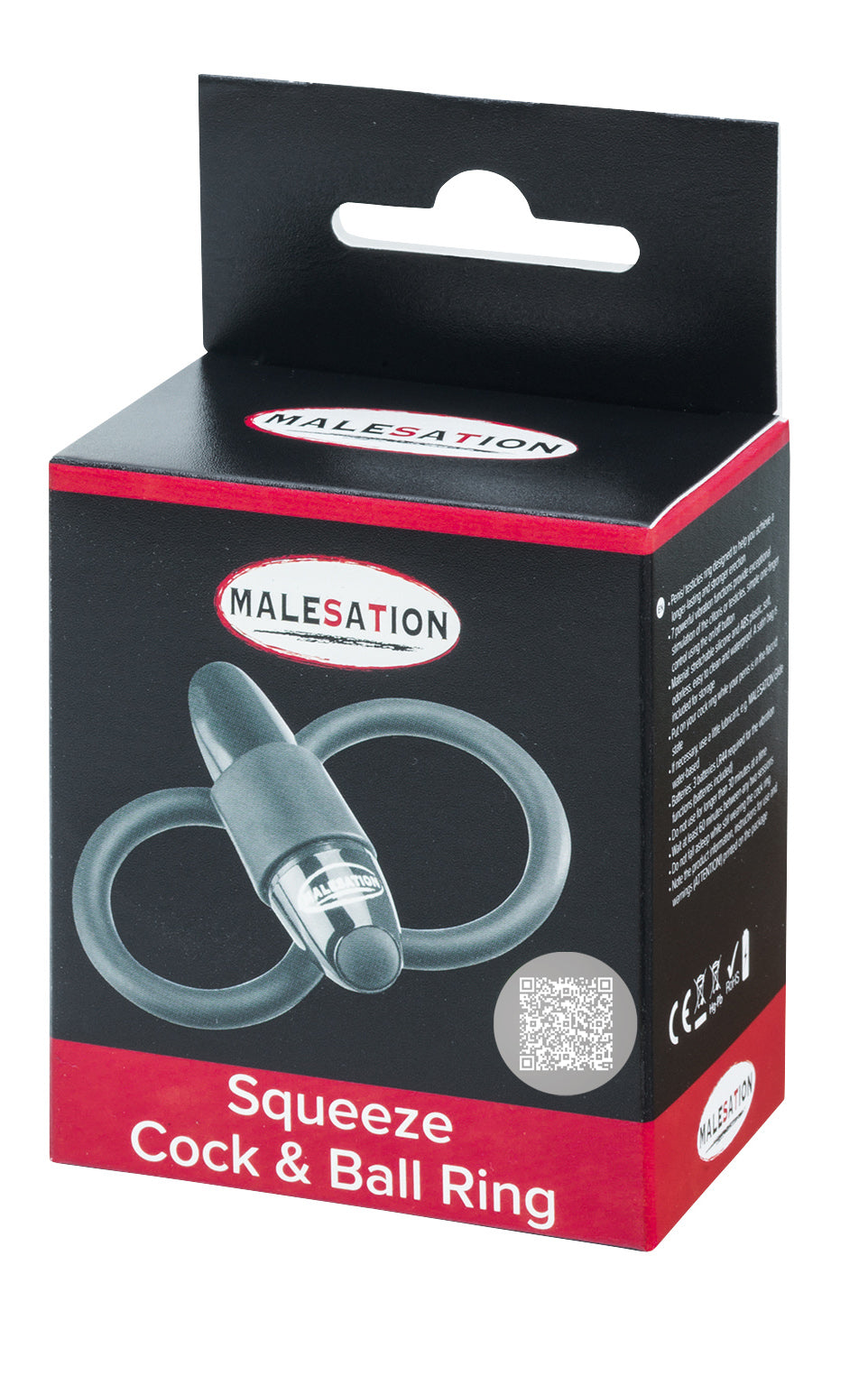 MALESATION Squeeze – schwarz-rote Originalverpackung des vibrierenden Penis- und Hodenrings mit sieben Funktionen, Produktabbildung, MALESATION Markenlogo und Modellbezeichnung Squeeze – erhältlich bei Evoria Care