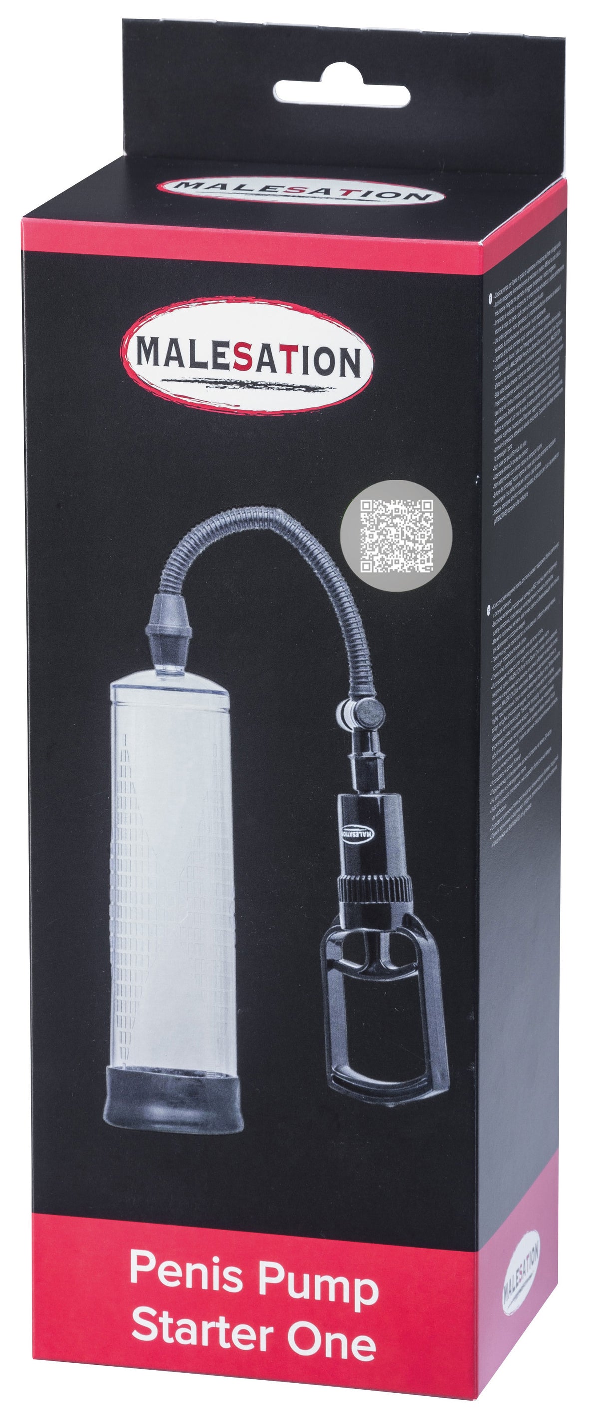 MALESATION Starter One – schwarz-rote Originalverpackung der Penispumpe mit Produktabbildung des transparenten Vakuumzylinders und der Handpumpe – erhältlich bei Evoria Care