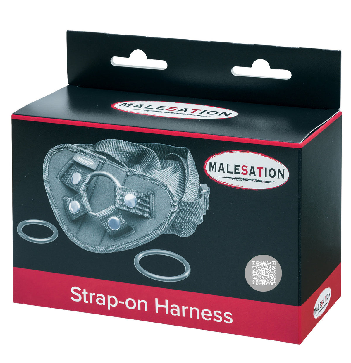 MALESATION Strap-on Harness – schwarz-rote Originalverpackung des verstellbaren Dildogurts mit Abbildung der drei Wechselringe, MALESATION Markenlogo und Produktbezeichnung Strap-on Harness – erhältlich bei Evoria Care