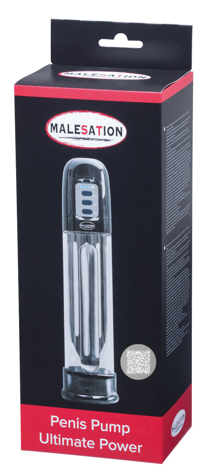 MALESATION Ultimate Power – schwarz-rote Originalverpackung der elektrischen Penispumpe mit Produktabbildung und Markenlogo – erhältlich bei Evoria Care