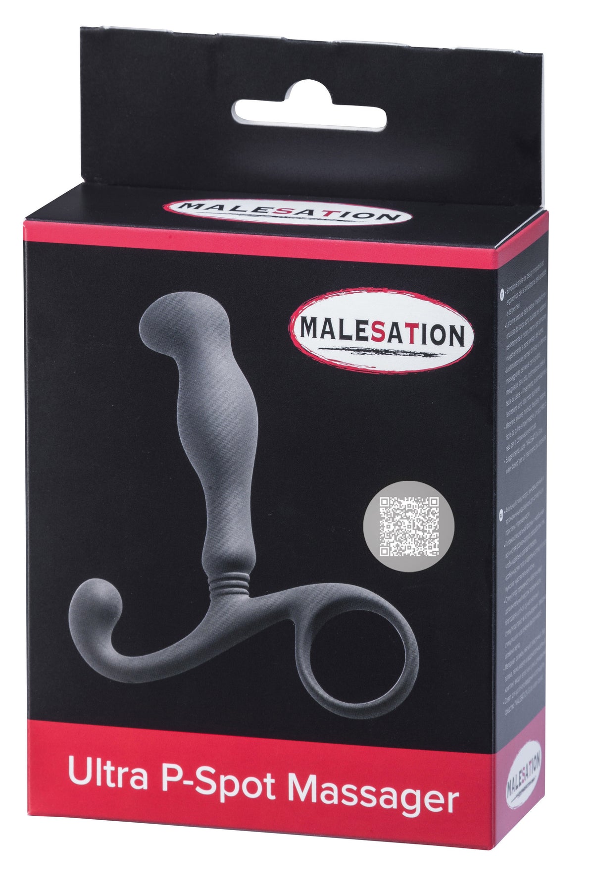 MALESATION Ultra P-Spot Massager – schwarz-rote Originalverpackung des ergonomischen Silikon-Prostatamassagers mit Produktabbildung, MALESATION Markenlogo und Modellbezeichnung Ultra P-Spot Massager – erhältlich bei Evoria Care