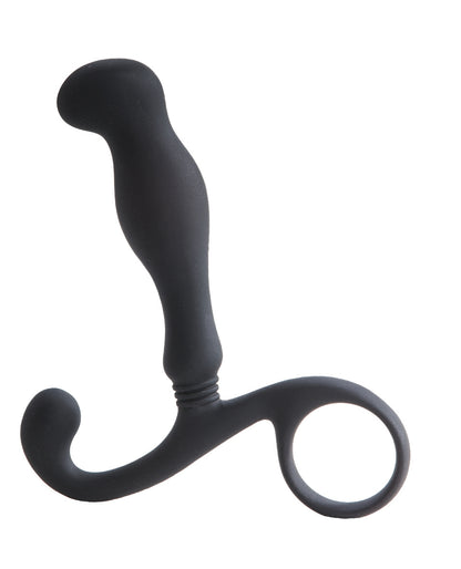 MALESATION Ultra P-Spot Massager – schwarzer Silikon-Prostatamassager mit anatomisch gebogenem Schaft, verdickter Spitze, seitlichem Stimulationsarm und rundem Griff zur sicheren Handhabung in seitlicher Produktansicht – erhältlich bei Evoria Care