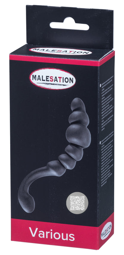 MALESATION Various – schwarz-rote Originalverpackung des wellenförmigen Prostatastimulators mit Produktabbildung, MALESATION Markenlogo und Modellbezeichnung Various – erhältlich bei Evoria Care