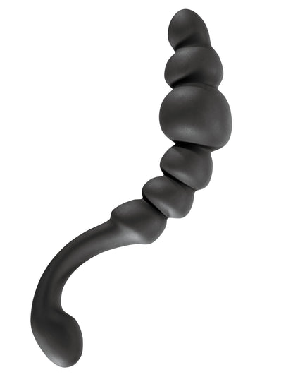MALESATION Various – schwarzer Prostatastimulator mit mehreren abgestuften kugelförmigen Verdickungen, wellenförmigem Schaft und gebogenem Griffende in aufrechter Produktansicht – erhältlich bei Evoria Care