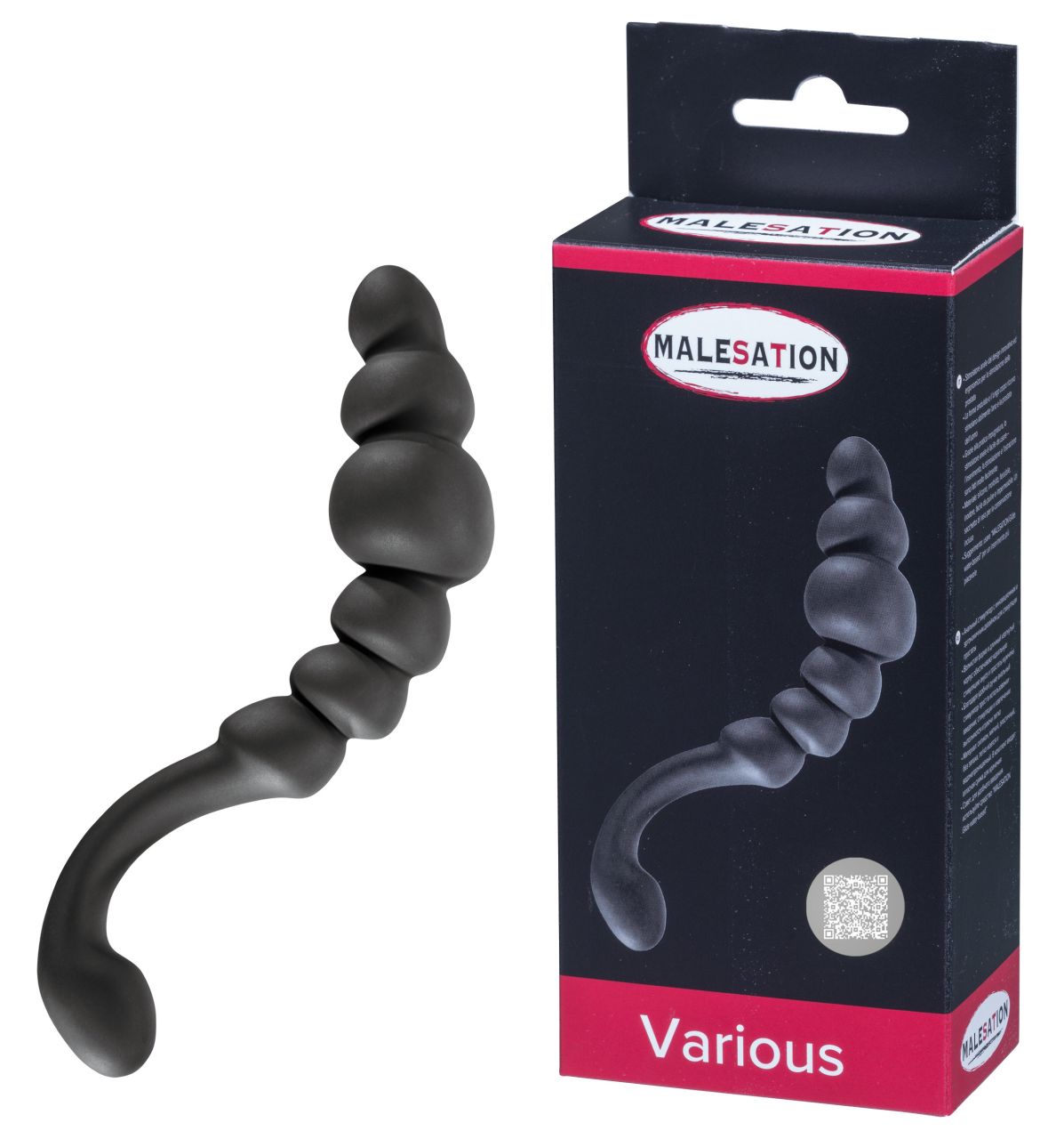 MALESATION Various – schwarzer ergonomischer Prostatastimulator mit geschwungenem Schaft, mehreren kugelförmigen Verdickungen und gebogenem Griffende neben der schwarz-roten Originalverpackung – erhältlich bei Evoria Care