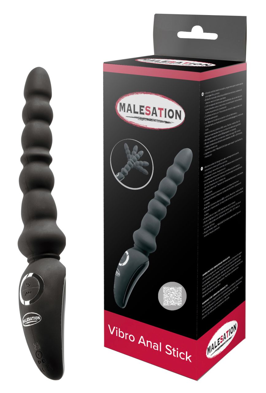 MALESATION Vibro Anal Stick – schwarzer biegsamer Analvibrator mit zwei Motoren, mehreren kugelförmigen Verdickungen und ergonomisch geformtem Griff neben der schwarz-roten Originalverpackung – erhältlich bei Evoria Care