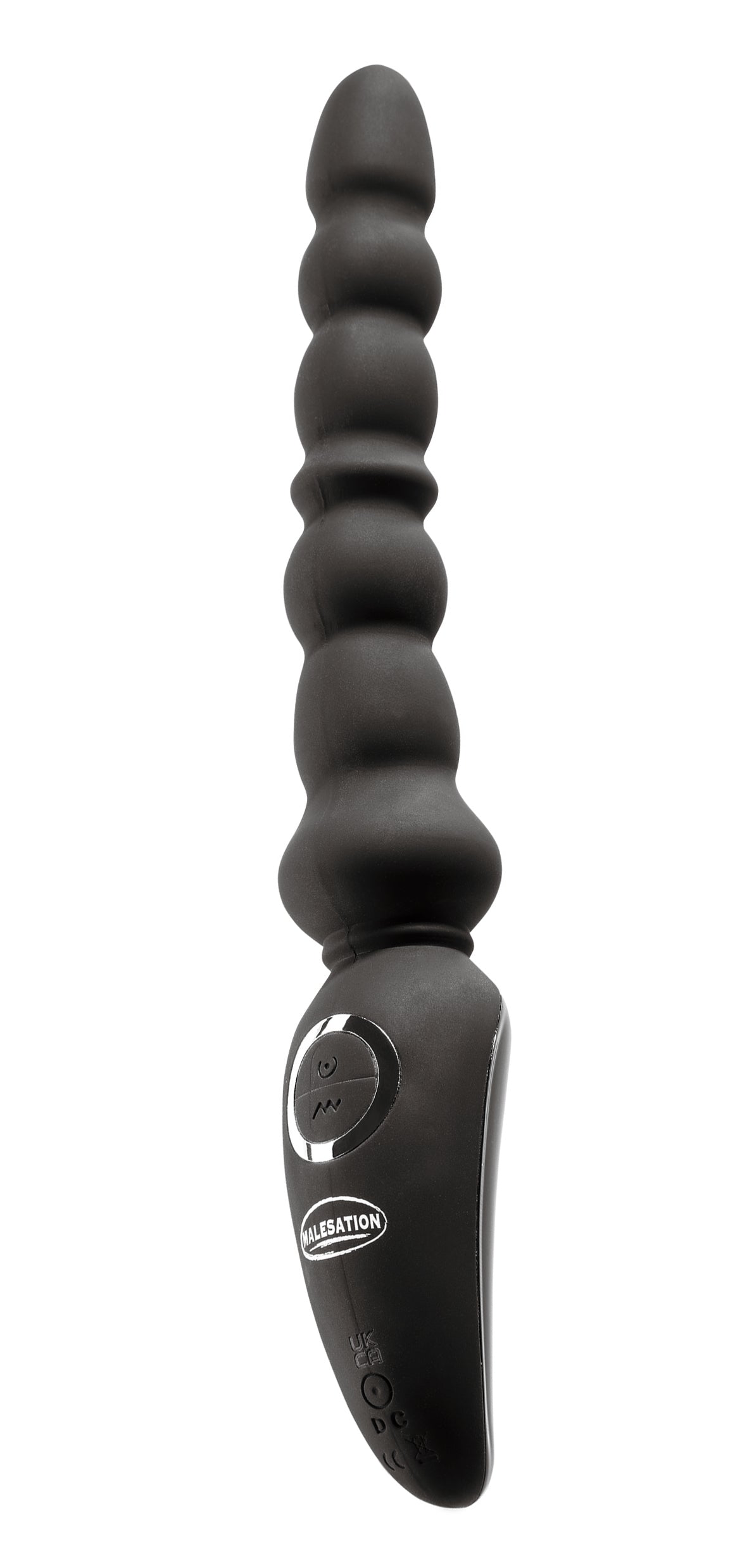 MALESATION Vibro Anal Stick – schwarzer Analvibrator mit länglichem flexiblem Schaft, mehreren kugelförmigen Verdickungen und verbreitertem Griff in aufrechter Produktansicht – erhältlich bei Evoria Care