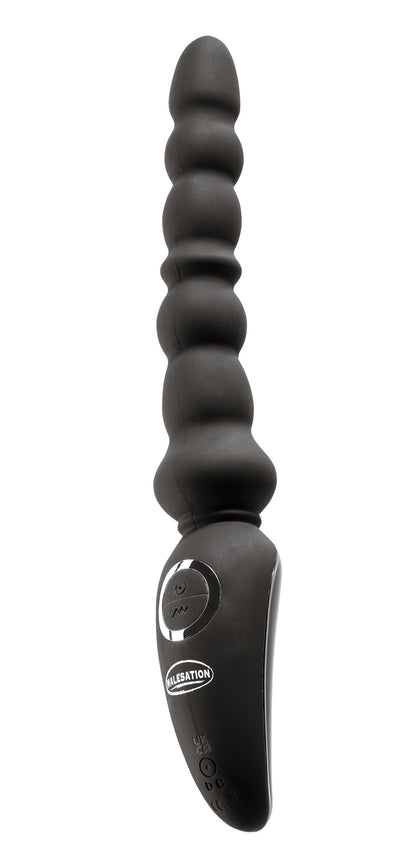 MALESATION Vibro Anal Stick – schwarzer Analvibrator mit länglichem flexiblem Schaft, mehreren kugelförmigen Verdickungen und verbreitertem Griff in aufrechter Produktansicht – erhältlich bei Evoria Care