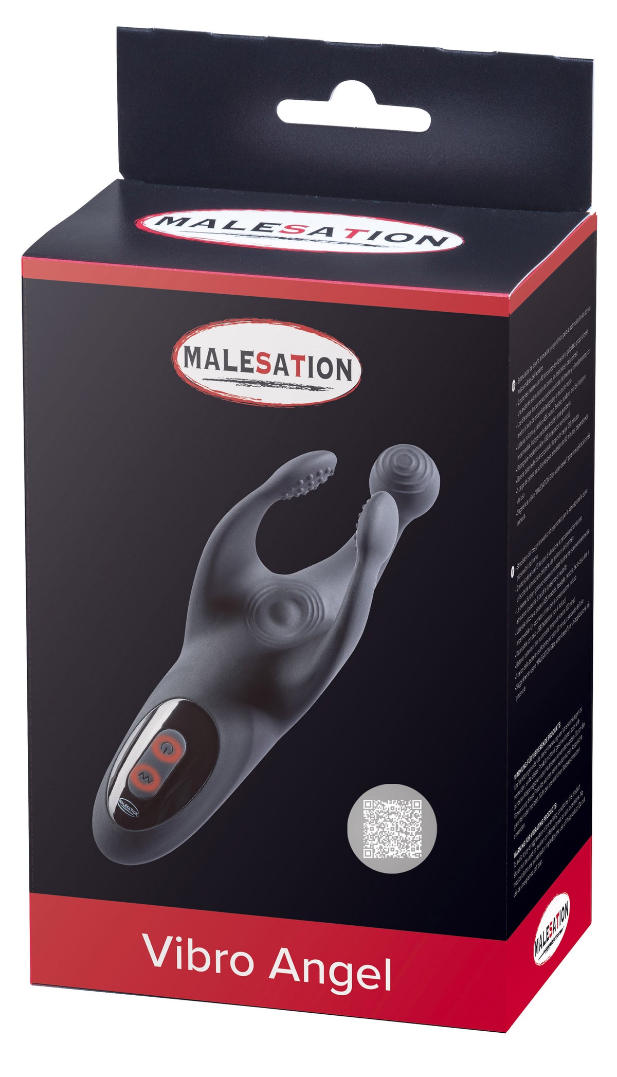 MALESATION Vibro Angel – schwarz-rote Originalverpackung des flexiblen Männer-Stimulators mit Produktabbildung, MALESATION Markenlogo und Modellbezeichnung Vibro Angel – erhältlich bei Evoria Care