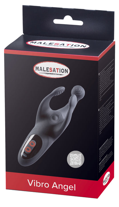 MALESATION Vibro Angel – schwarz-rote Originalverpackung des flexiblen Männer-Stimulators mit Produktabbildung, MALESATION Markenlogo und Modellbezeichnung Vibro Angel – erhältlich bei Evoria Care