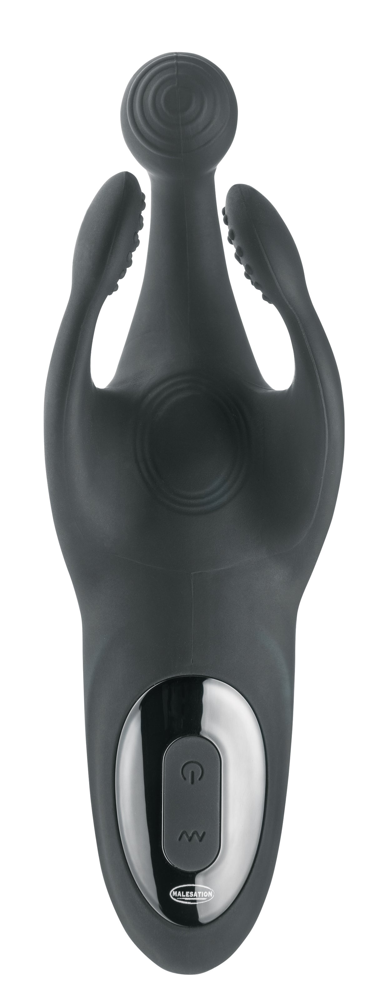 MALESATION Vibro Angel – schwarzer Männer-Stimulator mit schlankem Gehäuse, zwei flexiblen Stimulationsarmen und kugelförmigem Aufsatz in aufrechter Frontansicht – erhältlich bei Evoria Care