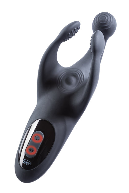 MALESATION Vibro Angel – seitliche Ansicht des schwarzen Männer-Stimulators mit flexiblem Schaft, gebogenen Stimulationsarmen und rot-schwarzem Bedienelement – erhältlich bei Evoria Care