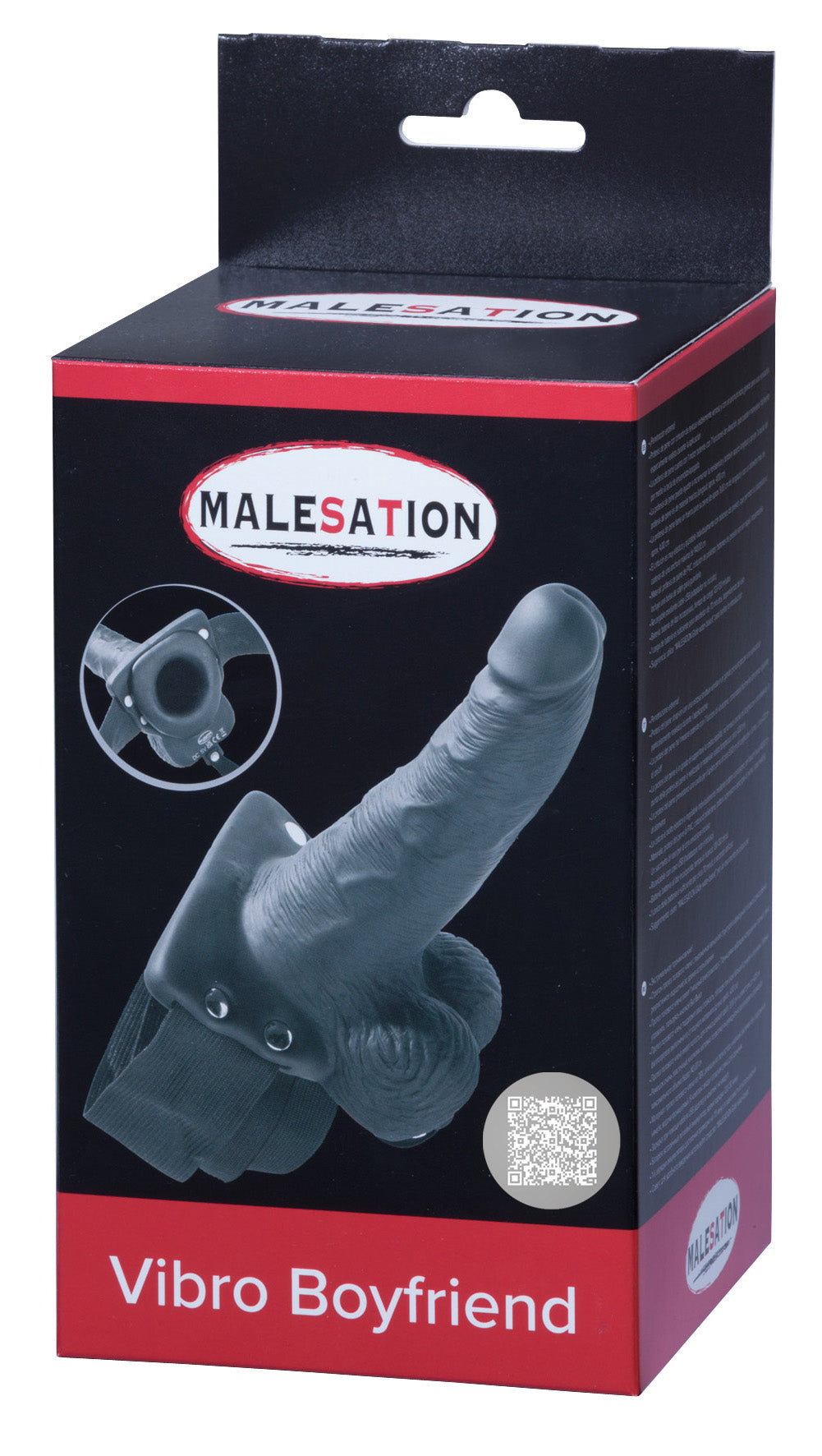 MALESATION Vibro Boyfriend – schwarz-rote Originalverpackung der vibrierenden Umschnall-Penisprothese mit Produktabbildung, MALESATION Markenlogo und Modellbezeichnung Vibro Boyfriend – erhältlich bei Evoria Care