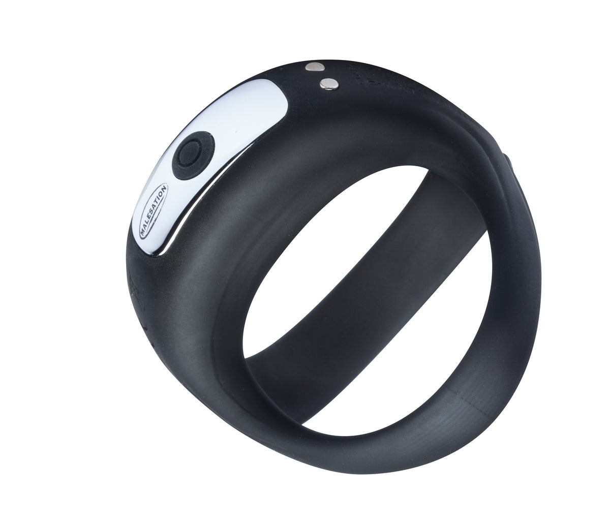 MALESATION Vibro C&B Ring – schwarzer vibrierender Penis- und Hodenring mit zwei unterschiedlich großen Ringöffnungen und integriertem Stimulationselement in schräger Produktansicht – erhältlich bei Evoria Care