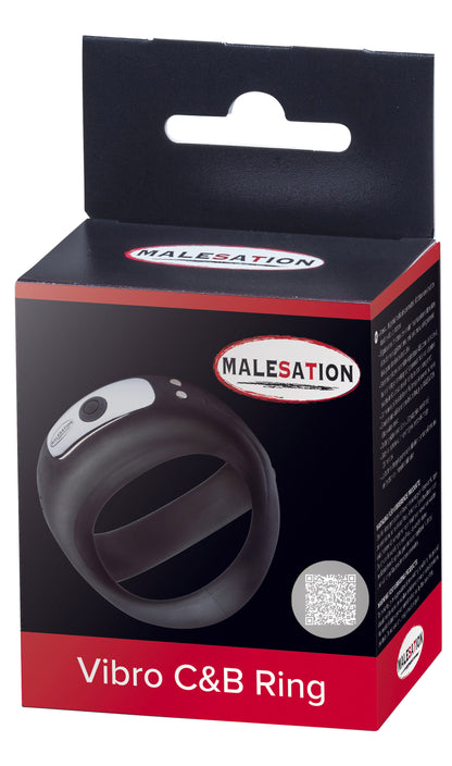 MALESATION Vibro C&B Ring – schwarz-rote Originalverpackung des vibrierenden Penis- und Hodenrings mit Produktabbildung, MALESATION Markenlogo und Modellbezeichnung Vibro C&B Ring – erhältlich bei Evoria Care