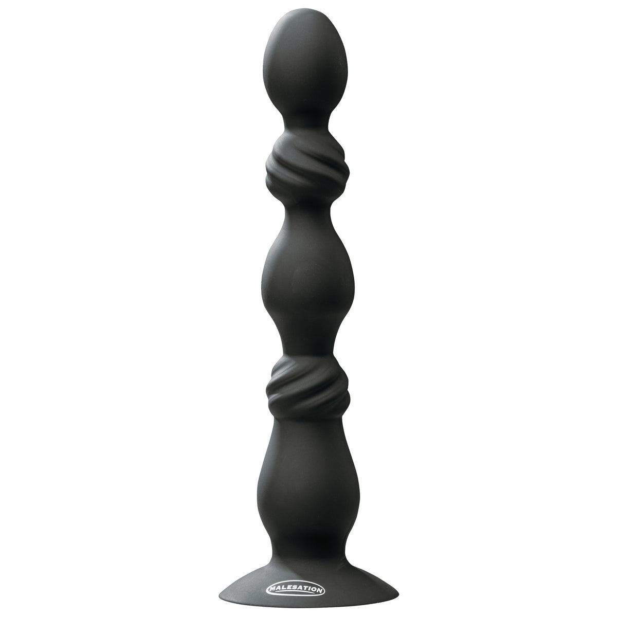 MALESATION Vibro Long Drill – schwarzer Analvibrator mit länglichem flexiblem Schaft, mehreren abgestuften kugelförmigen Verdickungen und verbreitertem Standfuß in aufrechter Produktansicht auf weißem Hintergrund – erhältlich bei Evoria Care