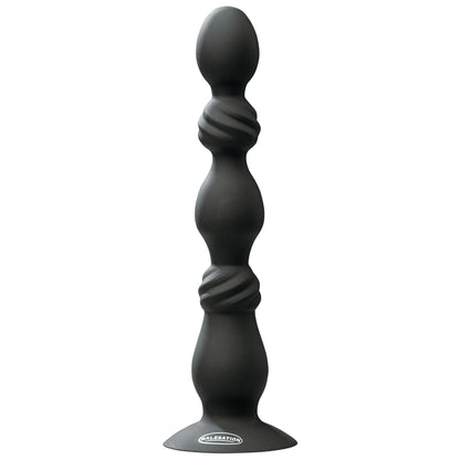 MALESATION Vibro Long Drill – schwarzer Analvibrator mit länglichem flexiblem Schaft, mehreren abgestuften kugelförmigen Verdickungen und verbreitertem Standfuß in aufrechter Produktansicht auf weißem Hintergrund – erhältlich bei Evoria Care