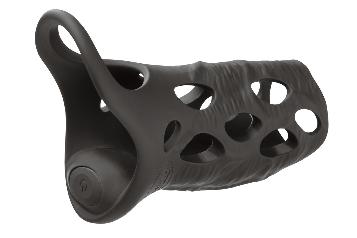 MALESATION Vibro Penis Sleeve – seitliche Ansicht der schwarzen vibrierenden Penishülle mit mehreren runden Öffnungen, geschwungener Form und breiter Basis – erhältlich bei Evoria Care