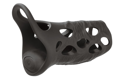 MALESATION Vibro Penis Sleeve – seitliche Ansicht der schwarzen vibrierenden Penishülle mit mehreren runden Öffnungen, geschwungener Form und breiter Basis – erhältlich bei Evoria Care