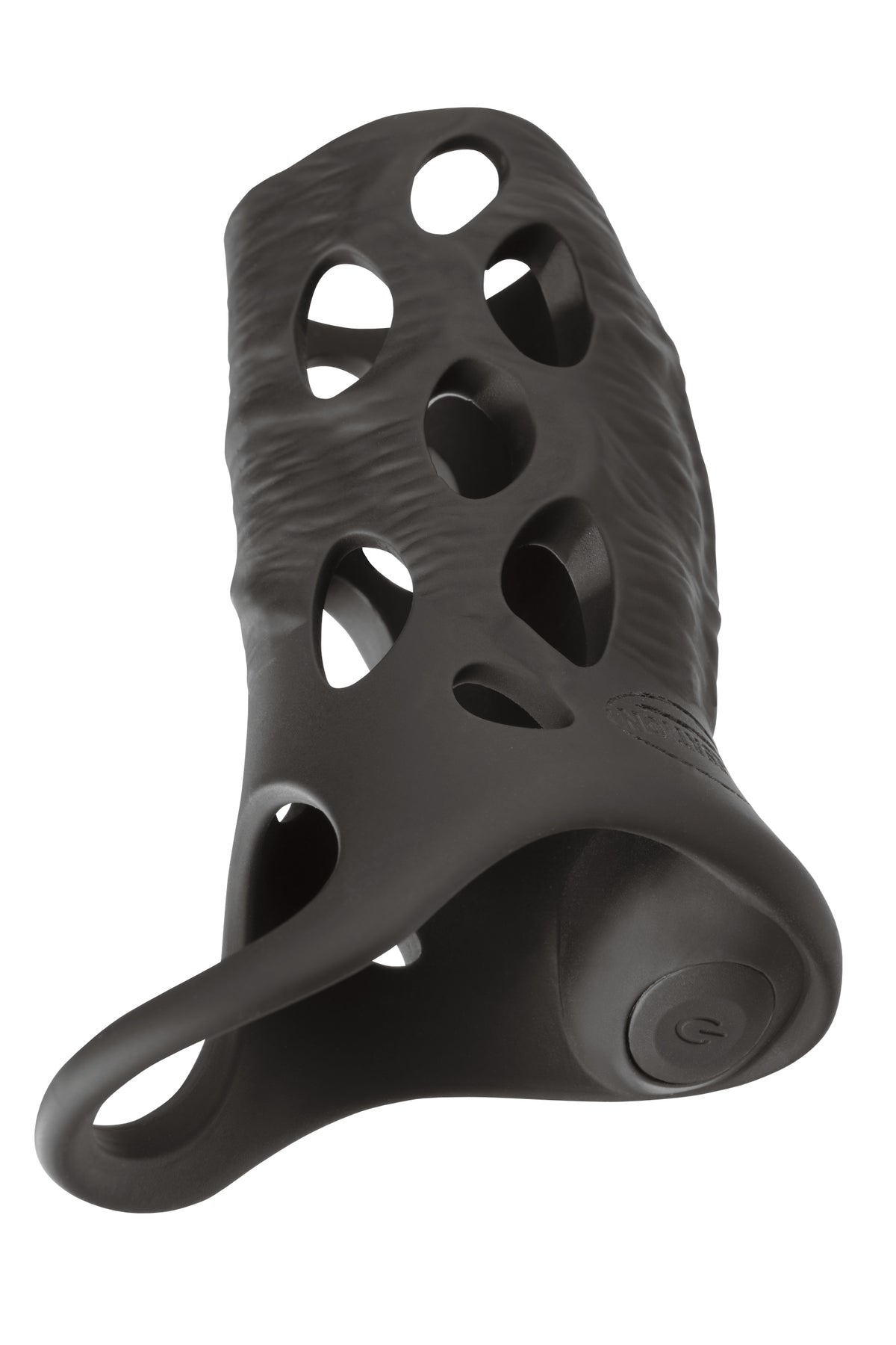 MALESATION Vibro Penis Sleeve – schwarze vibrierende Penishülle mit anatomisch geformtem Gehäuse, mehreren runden Öffnungen und verbreiterter Basis in schräger Produktansicht – erhältlich bei Evoria Care