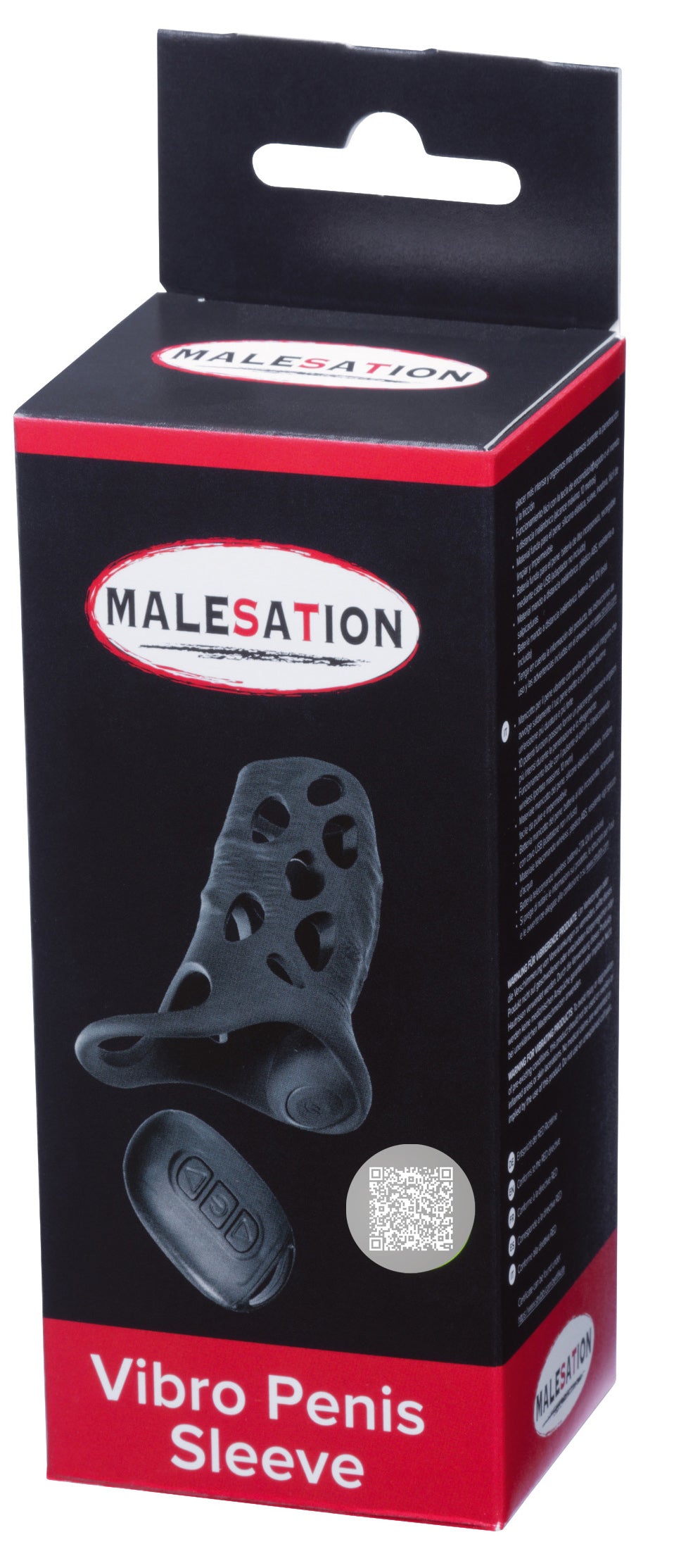 MALESATION Vibro Penis Sleeve – schwarz-rote Originalverpackung der vibrierenden Penishülle mit Produktabbildung, MALESATION Markenlogo und Modellbezeichnung Vibro Penis Sleeve – erhältlich bei Evoria Care