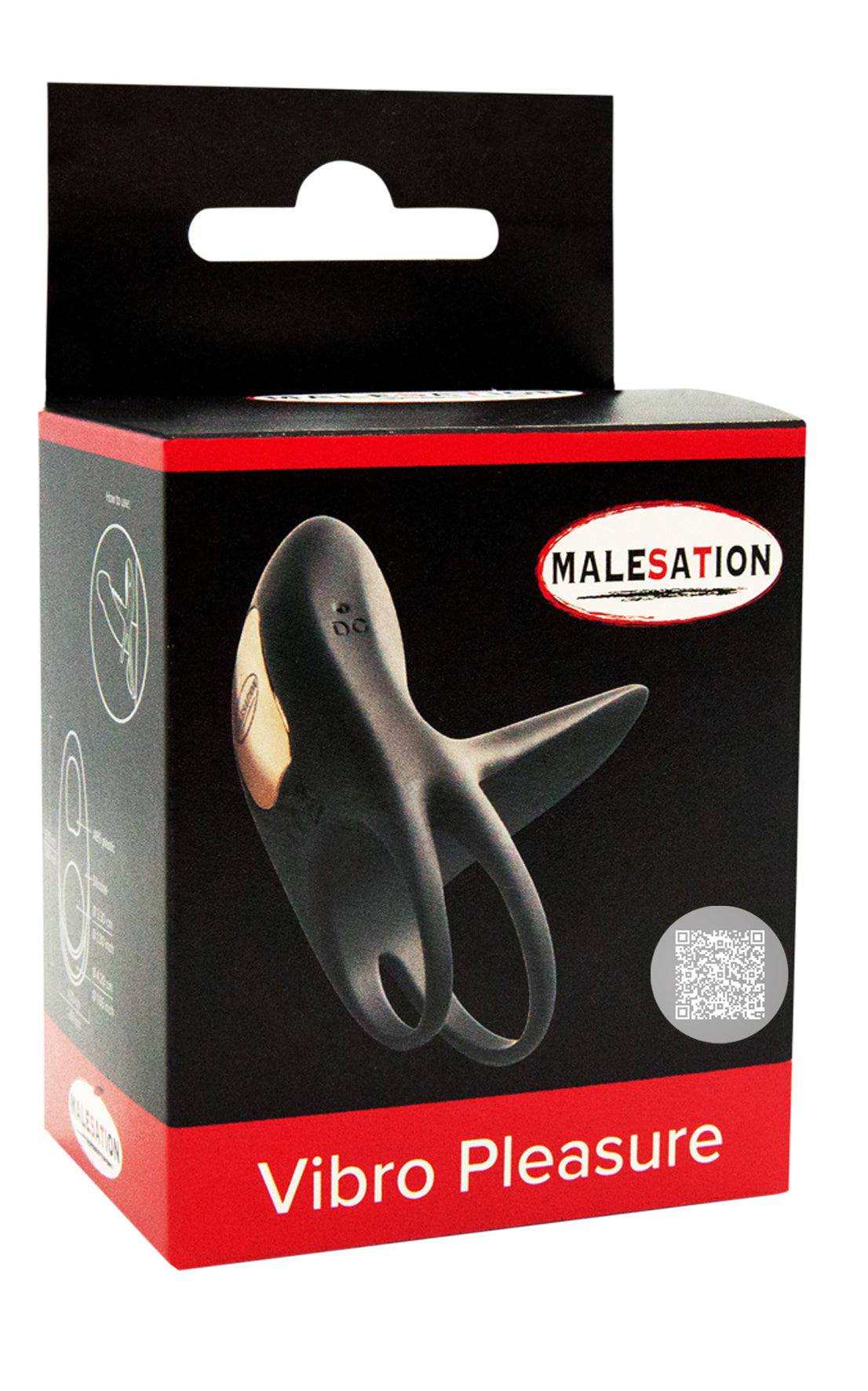 MALESATION Vibro Pleasure – schwarz-rote Originalverpackung des Vibrationsrings mit Produktabbildung, MALESATION Markenlogo und Modellbezeichnung Vibro Pleasure – erhältlich bei Evoria Care