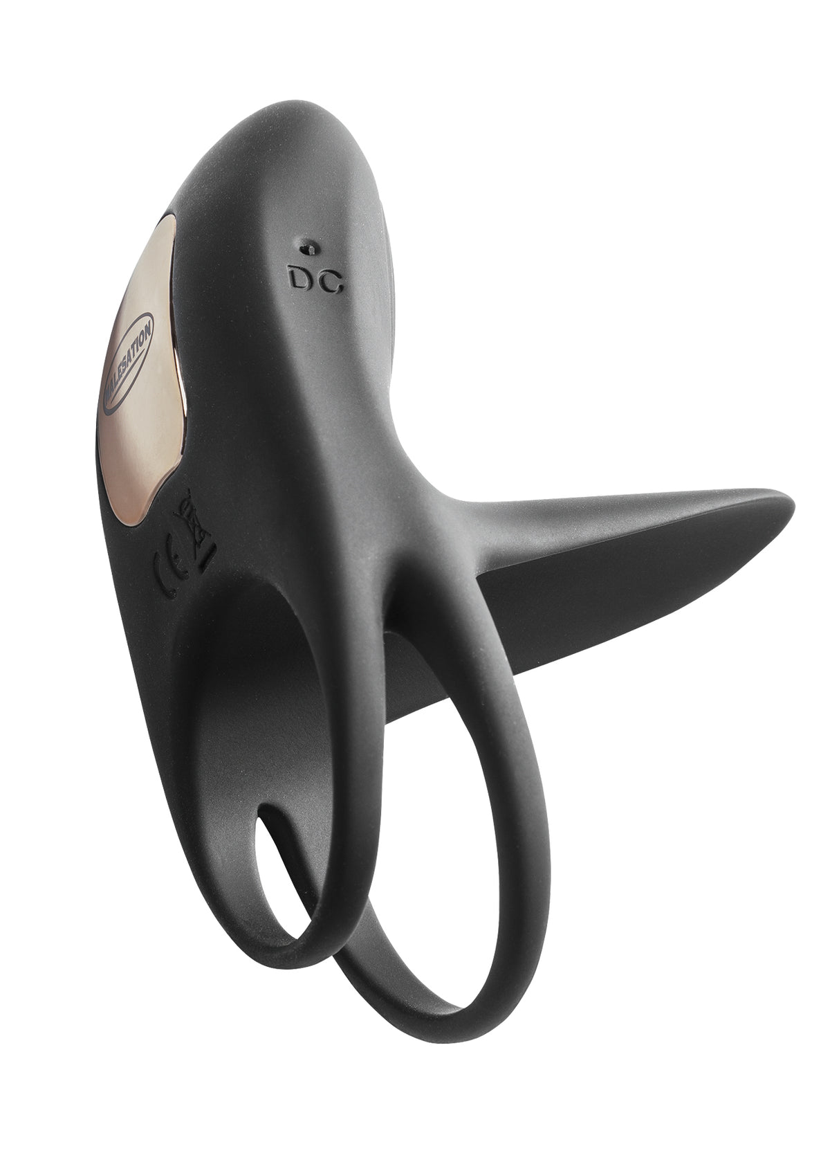 MALESATION Vibro Pleasure – seitlich gedrehte Produktansicht des schwarzen Vibrationsrings mit flexiblem Hodenring, länglichem Klitorisreizer und integriertem Bedienelement – erhältlich bei Evoria Care