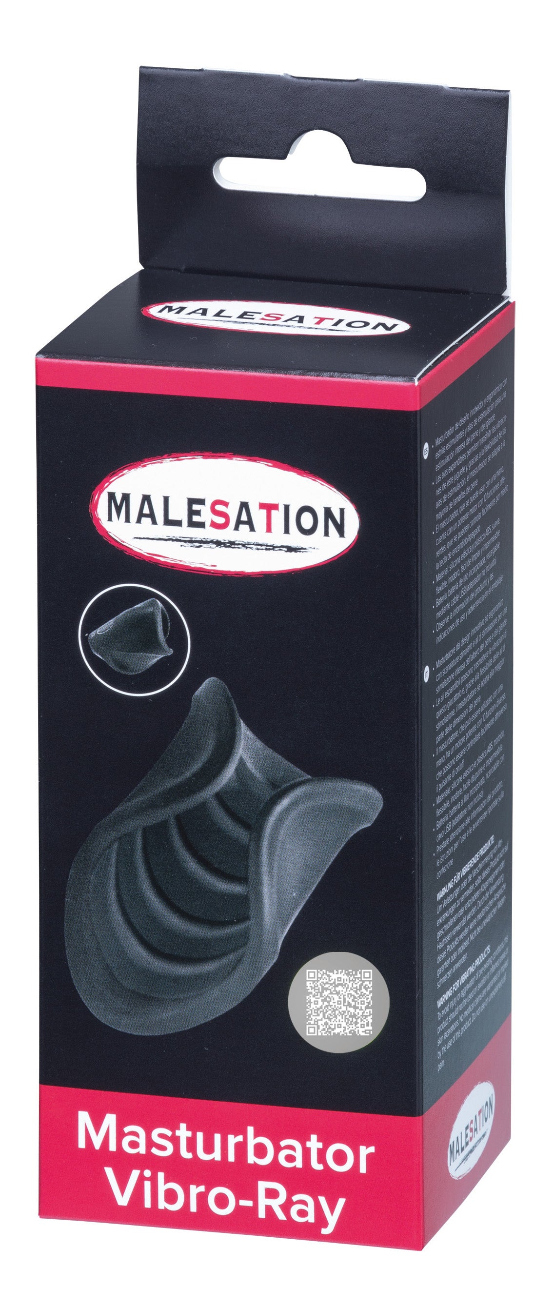 MALESATION Vibro-Ray – schwarz-rote Originalverpackung des vibrierenden Masturbators mit Produktabbildung, Markenlogo und Modellbezeichnung Vibro-Ray – erhältlich bei Evoria Care