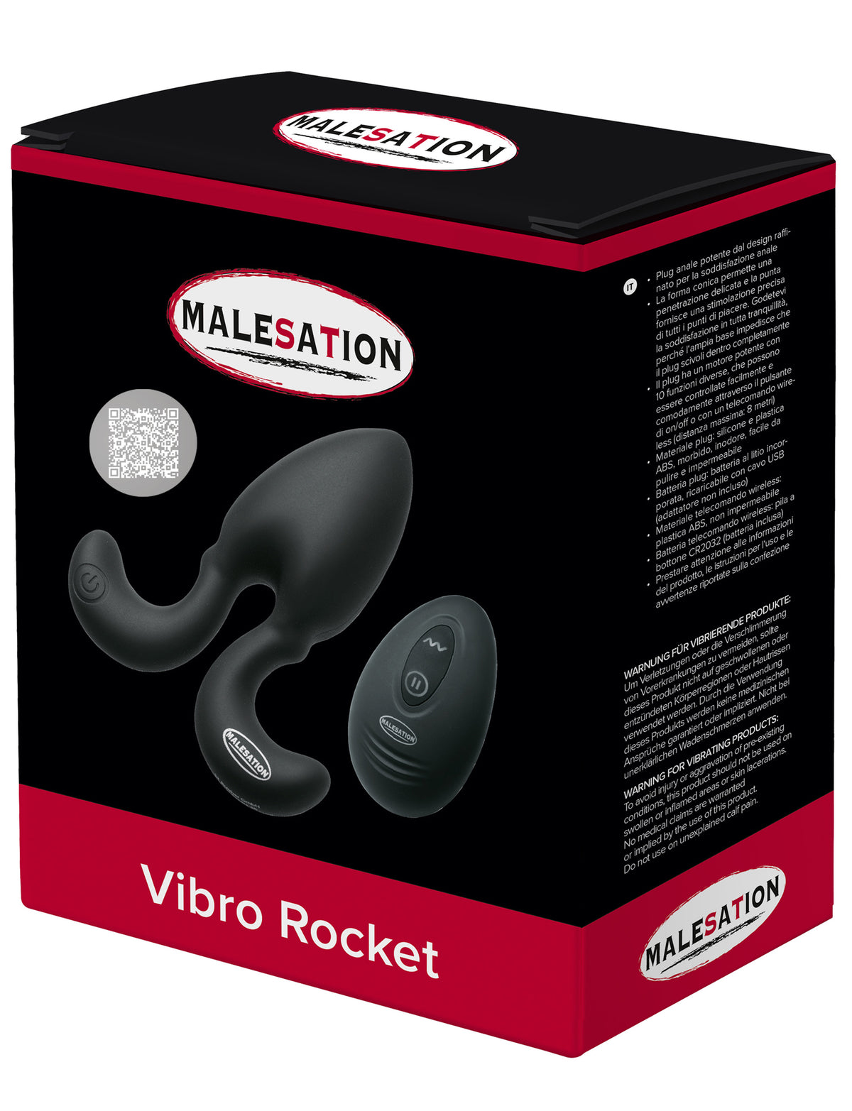 MALESATION Vibro Rocket – schwarz-rote Originalverpackung des Analvibrators mit Produktabbildung, MALESATION Markenlogo und Modellbezeichnung Vibro Rocket – erhältlich bei Evoria Care