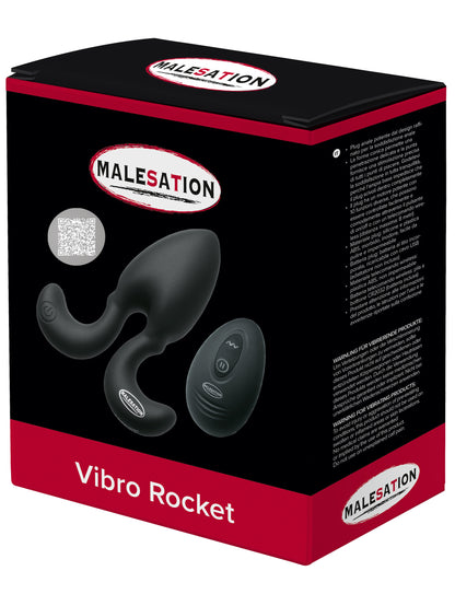 MALESATION Vibro Rocket – schwarz-rote Originalverpackung des Analvibrators mit Produktabbildung, MALESATION Markenlogo und Modellbezeichnung Vibro Rocket – erhältlich bei Evoria Care