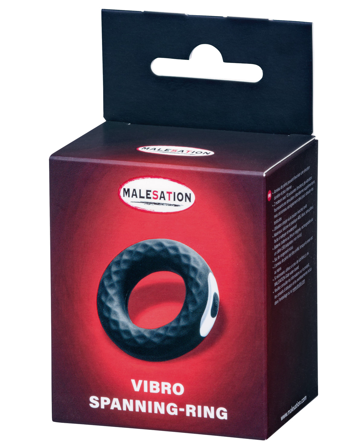 MALESATION Vibro Spanning-Ring – schwarz-rote Originalverpackung des Vibrationsrings mit Produktabbildung, MALESATION Markenlogo und Modellbezeichnung Vibro Spanning-Ring – erhältlich bei Evoria Care