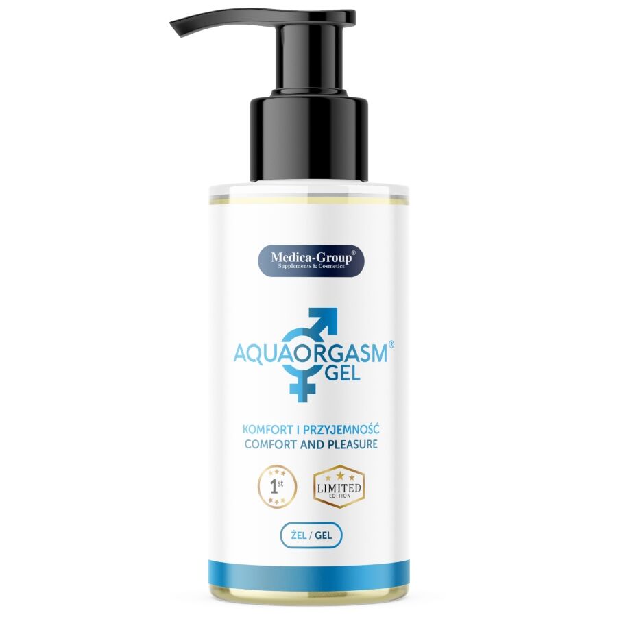 Medica-Group AquaOrgasm – weiße Pumpflasche des wasserbasierten Intimgels mit schwarzem Pumpspender, blauem AquaOrgasm Schriftzug und türkisfarbenen Produktdetails in aufrechter Vorderansicht auf weißem Hintergrund – erhältlich bei Evoria Care