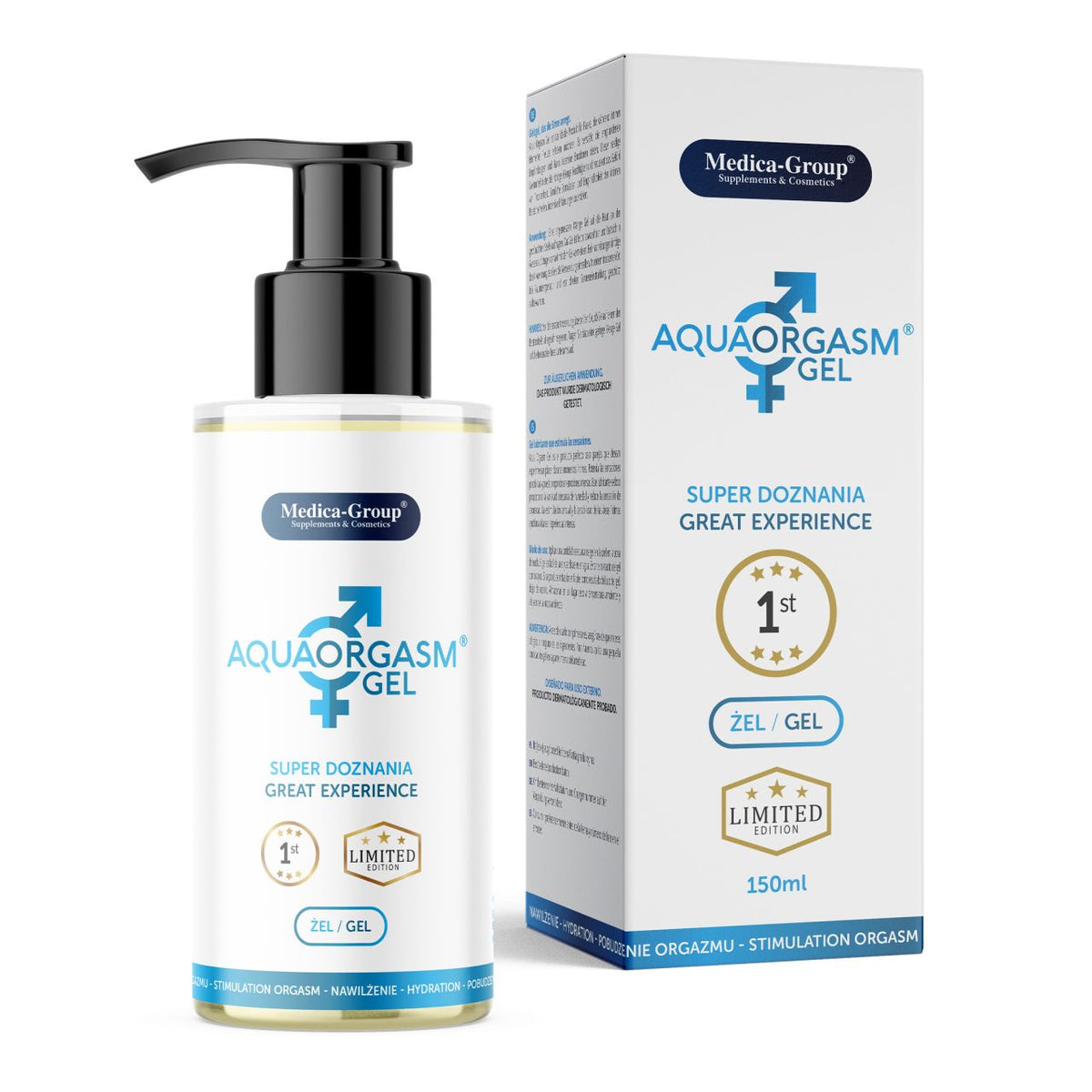 Medica-Group AquaOrgasm – wasserbasiertes Intimgel in einer weißen Pumpflasche mit schwarzem Pumpspender, blauem AquaOrgasm Schriftzug und türkisfarbenen Designelementen neben der weiß-blauen Originalverpackung auf weißem Hintergrund – erhältlich bei Evoria Care