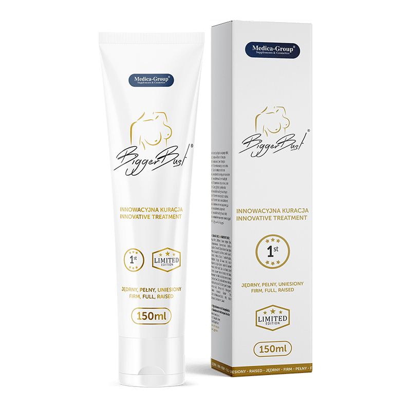 Medica-Group BiggerBust – straffendes Pflegeserum für Brust und Dekolleté in einer weißen Tube mit goldfarbenen Designelementen und weißem Verschluss, neben der passenden weiß-goldenen Originalverpackung auf weißem Hintergrund – erhältlich bei Evoria Care