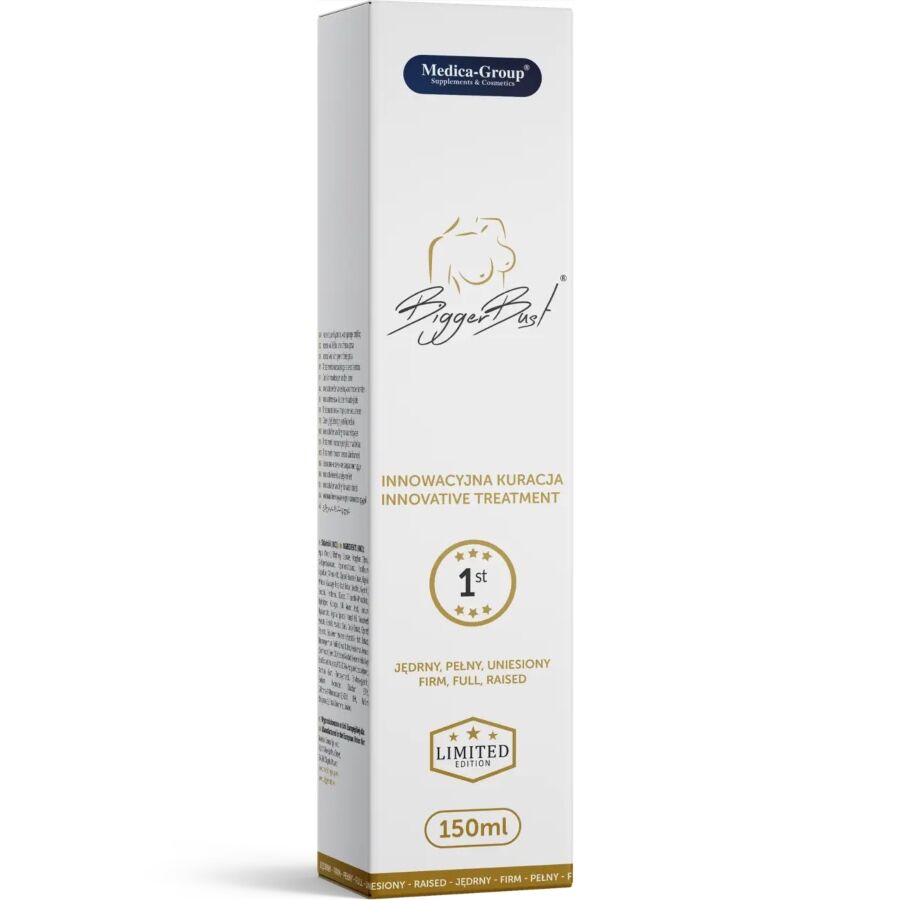 Medica-Group BiggerBust – weiße rechteckige Originalverpackung des Brustpflegeserums mit goldfarbenen Designelementen, BiggerBust Produktbeschriftung und dunklem Markenlogo im oberen Bereich in frontaler Ansicht – erhältlich bei Evoria Care