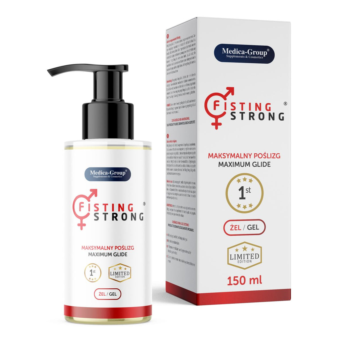 Medica-Group FistingStrong – weiße Pumpflasche des Analgels mit kühlendem Effekt, schwarzem Pumpspender, rotem FistingStrong Schriftzug und goldfarbenen Designelementen neben der weiß-goldenen Originalverpackung auf weißem Hintergrund – erhältlich bei Evoria Care