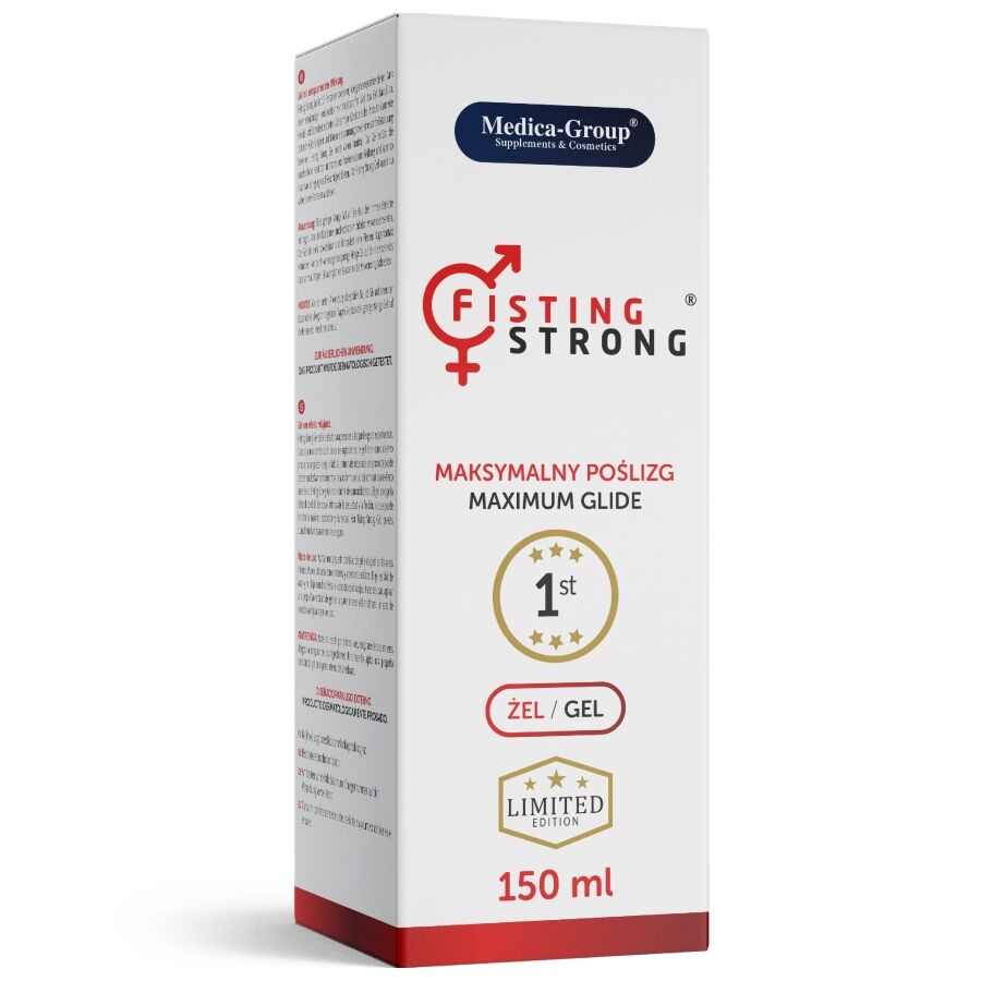 Medica-Group FistingStrong – weiße rechteckige Originalverpackung des kühlenden Analgels mit rotem FistingStrong Schriftzug, goldfarbenen Designelementen und dunkelblauem Medica-Group Markenlogo in frontaler Ansicht auf weißem Hintergrund – erhältlich bei Evoria Care