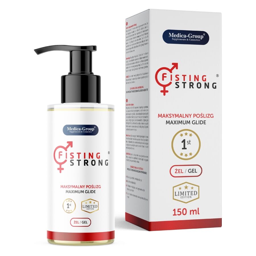 Medica-Group FistingStrong – weiße Analgel-Pumpflasche mit schwarzem Spender und roter Produktbeschriftung, gemeinsam mit der weiß-goldenen Originalverpackung und dunkelblauem Medica-Group Markenlogo in weiterer Produktansicht – erhältlich bei Evoria Care